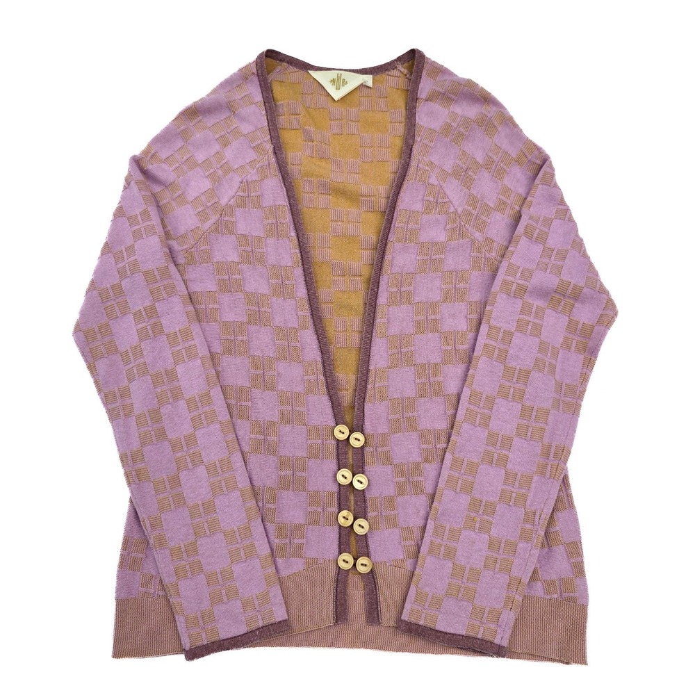 Anthropologie HWR Monogram Cardigan Womens M Textured Check Pattern‎ Purple Gold